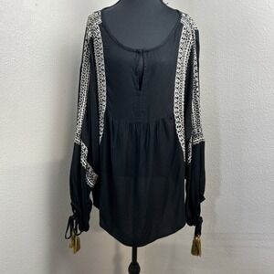 Sweet‎ Magnolia Blouse Women's 2X Black Beaded Embroidered Peasant Boho Gauze